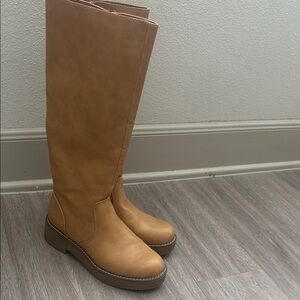 Tan Over the Knee Suede Boots with Rounded Toe
